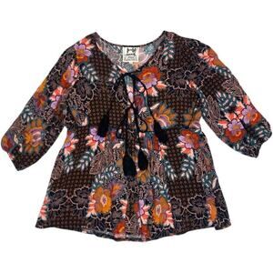 Jaase Boho Blouse Womens XS Floral‎ Peasant Tassels Whimsigoth Cottagecore Retro